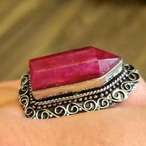 New Unique Pointed Hexagonal Kashmir Ruby Powerful Silver Statement Ring.